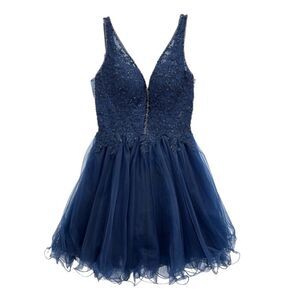 Let's Formal Tulle Dress Size Medium Rhinestone Navy Blue Prom Embellished